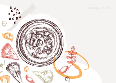 Hummus background. Mediterranean food, ingredients, plants, pita sketches. Vegan food illustration. Hand-drawn hummus in plate, pita, and chickpeas for menu, recipe, or packaging design.